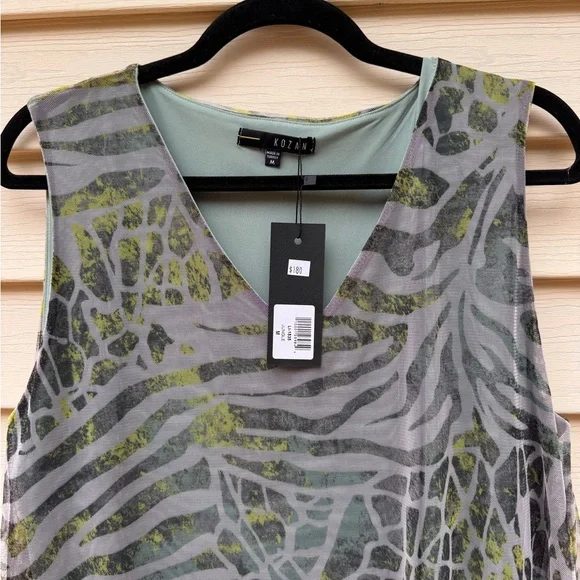 Kozan Zebra Print Midi Sheer Mesh Overlay Dress Size Medium Muted Gray Green NWT - Picture 3 of 13